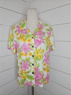 Vintage 90s Caribbean Joe white with multicolored island flowers button up shirt
